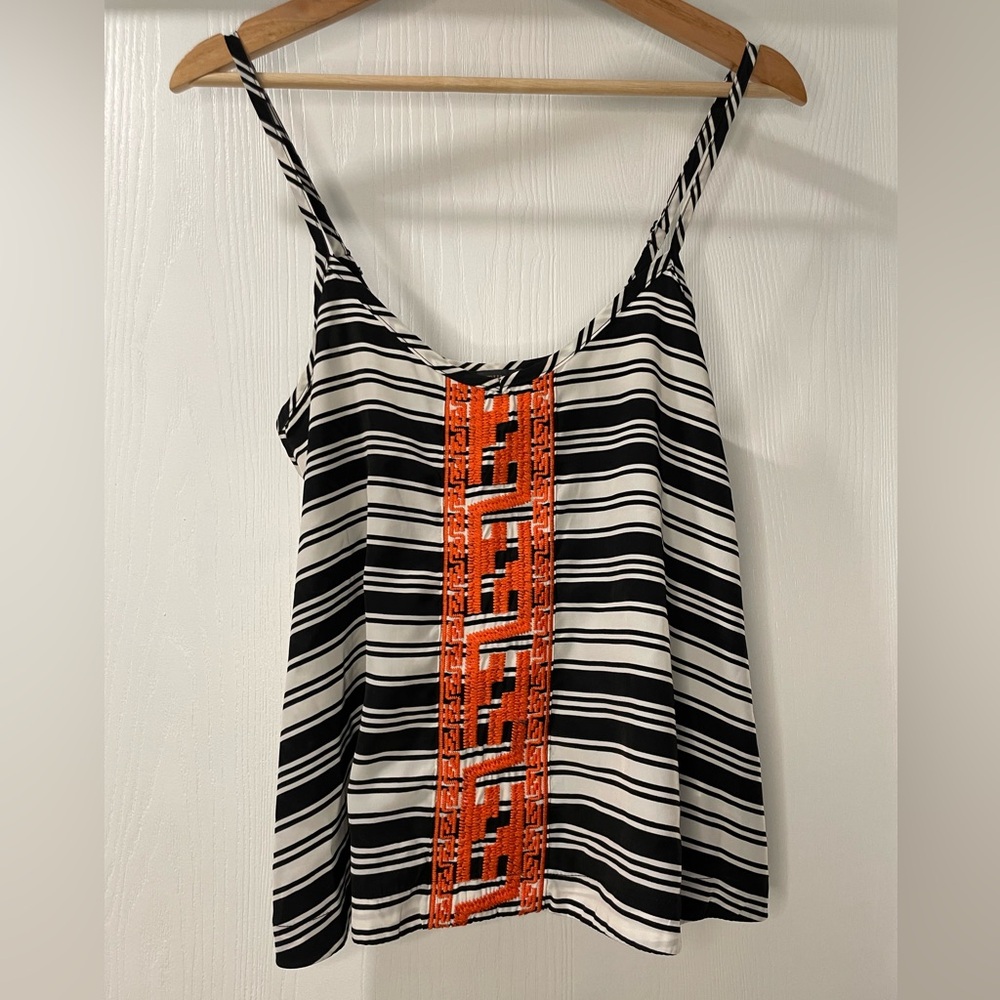 THML Black and White Striped Tank with Orange Embroidery. Size S